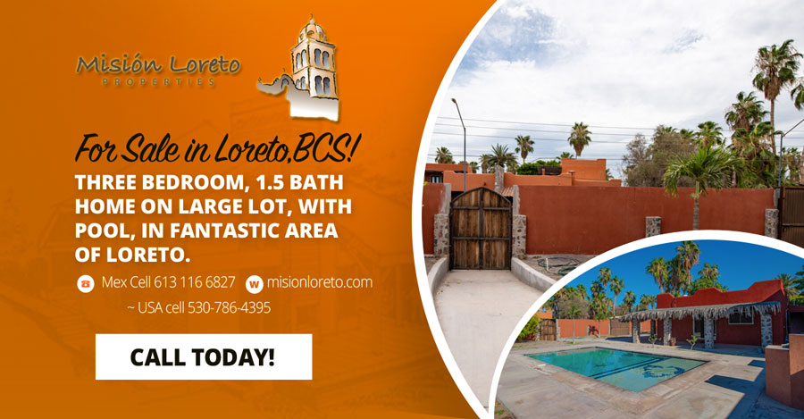 Three bedroom, 1.5 bath home on large lot, with pool, in fantastic area of Loreto. Living room and dining room
